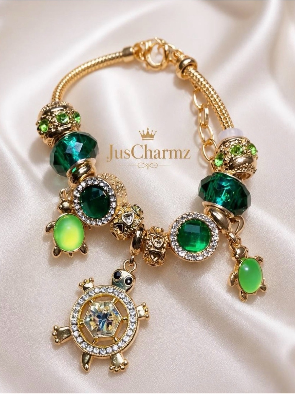 Gold Bracelet with Green Crystal Turtle Charms